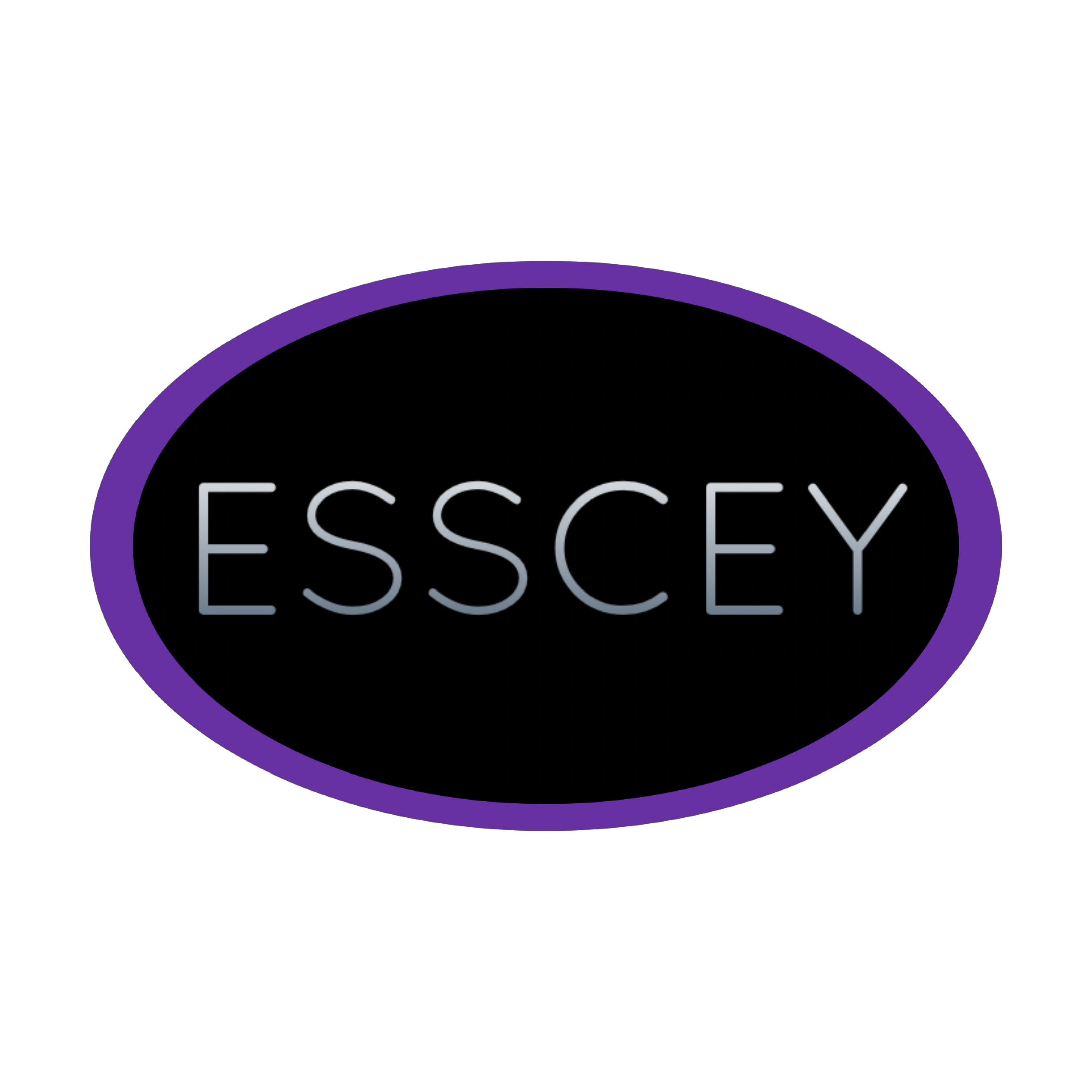 Purple oval filled with black and the letters ESSCEY written in the middle in gray gradient